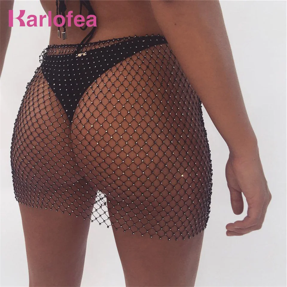 

Karlofea Sexy See Through Rhinestone Skirt Women Fashion Sheer Beachwear Skirt Hollow Out Mesh Club Party Diamond Black Skirts