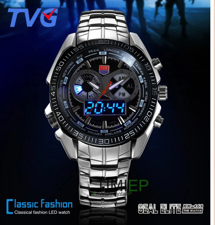 

DHL Sports Watches hot Brand TVG Men's Watches Digital LED Military Watches Stainless Steel Watch Male Clock Relogio Masculino