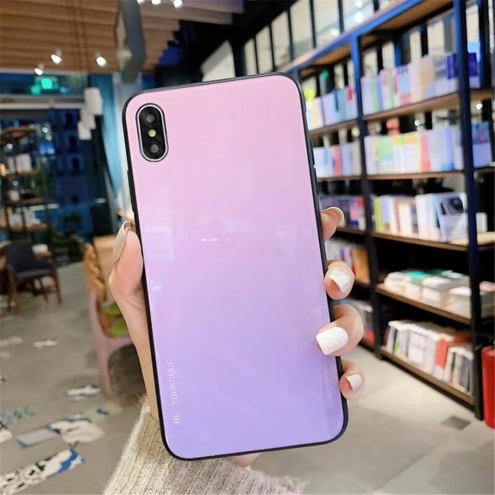 HUANQING Fashion Gradient Glass Tempered Glass Phone Case For iphone XR XS MAX X 8 7 6 6S Plus  Colorful Mobile Phone Cover Luxury Shell05
