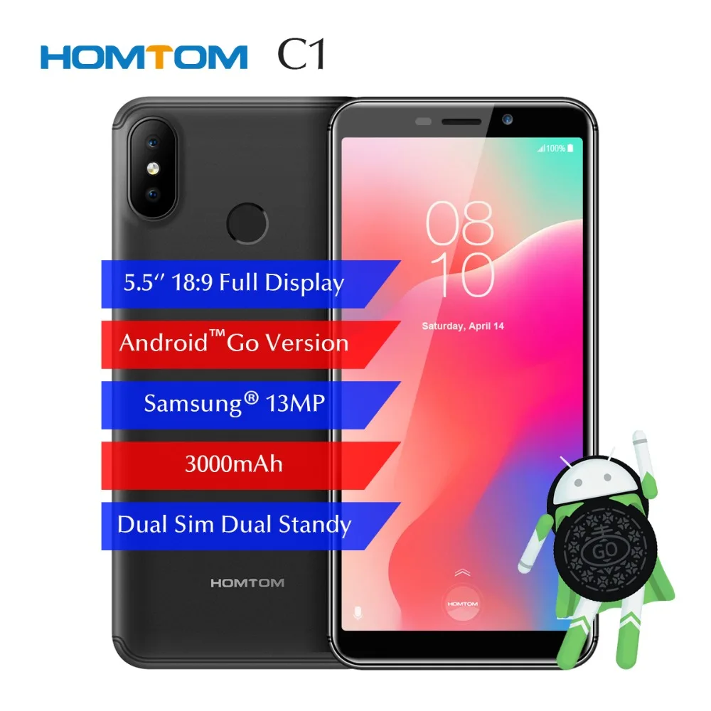 

Original HOMTOM C1 1GB RAM 16GB ROM Quad Core Mobile Phone 5.5 inch 18:9 Full Display 13MP Rear Camera Smartphone Fingerprint