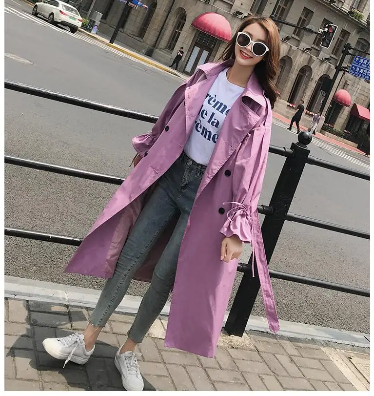 Корейский дизайн, новинка, осень/осень, женский фиолетовый Повседневный двубортный плащ с поясом, шикарная Женская ветровка, верхняя одежда