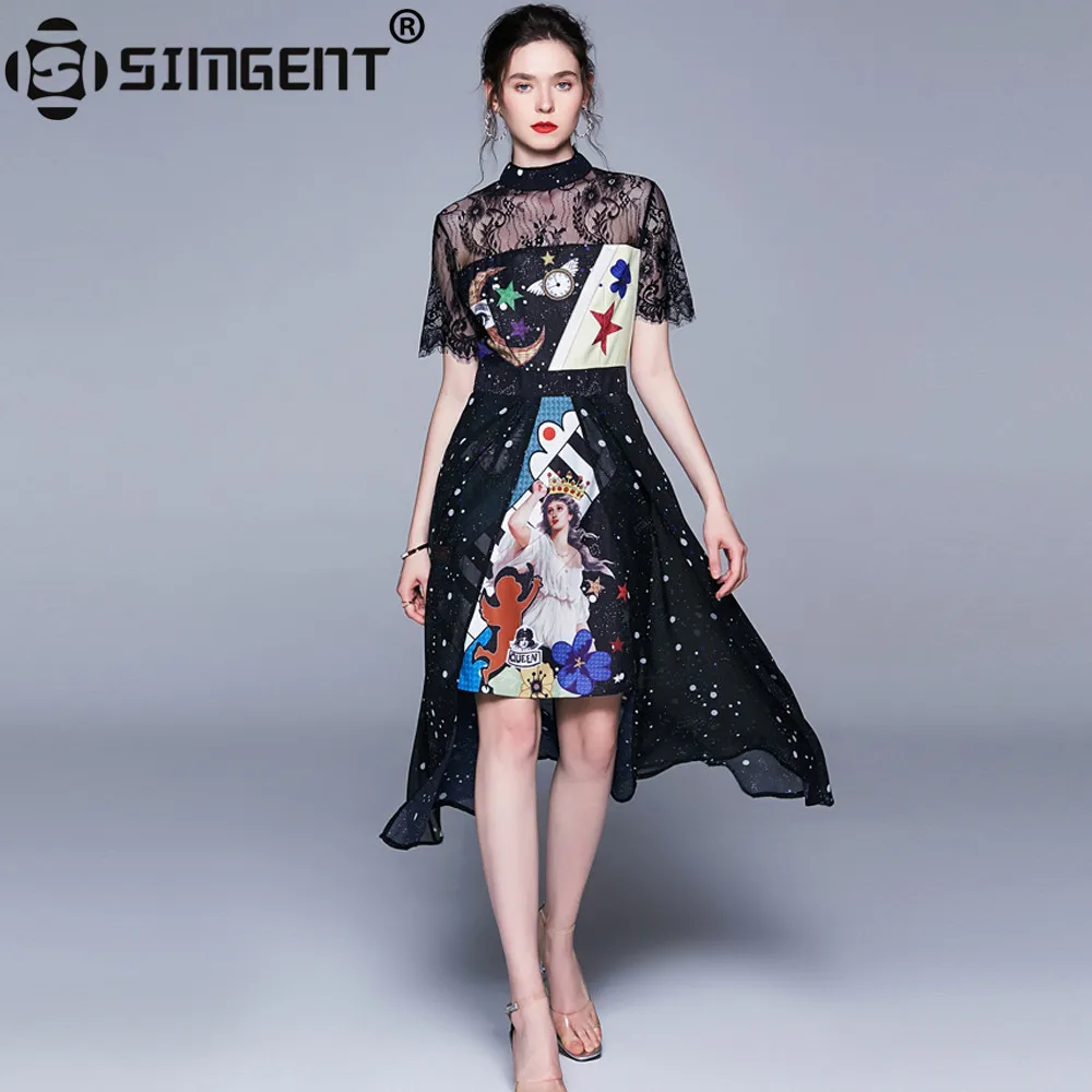 

Simgent Vintage Dress Women Summer Stand Collar Lace Mesh Patchwork Slit Midi Print Asymmetrcial Dress Vestidos Jurken SG95311
