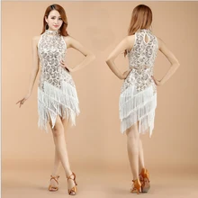 Женское платье для латинских танцев, женские платья для бальных танцев, костюмы для латинских танцев, платья с лямкой на шее, платье для танго, юбки с бахромой, CC035