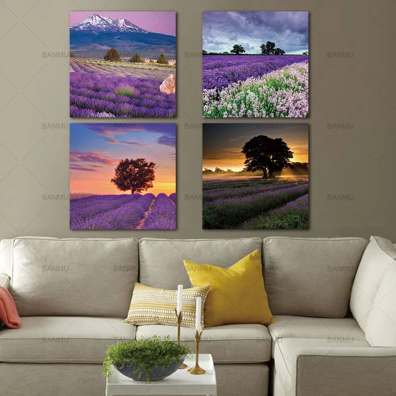 

4 Pieces Lavender Landscape Paintings Canvas Oil Art Printing Purple Flowers Home Wall Decor Modular High Quality Pictures