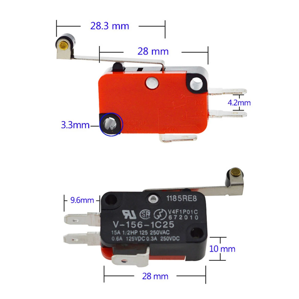 10pcs V-156-1C25 Micro Switch Limit Switch Mayitr Long Hinge Roller Momentary SPDT Snap Action Red Black