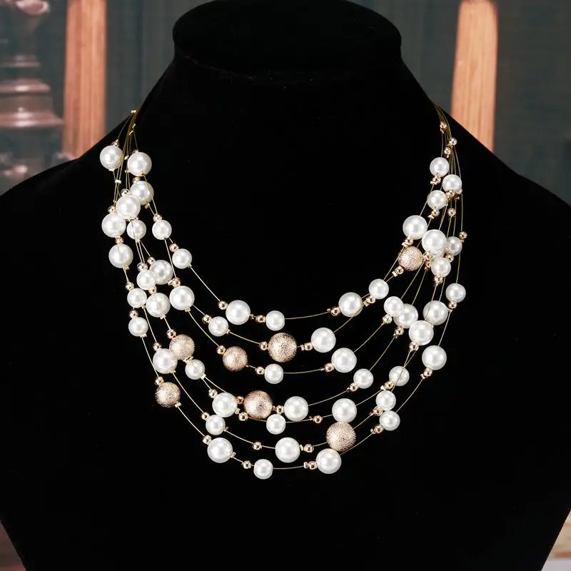 

2018 New Fashion Jewelry Gold Color Multi Layer Chains Imitation Pearl Necklaces For Women Party Wedding Bride Necklace