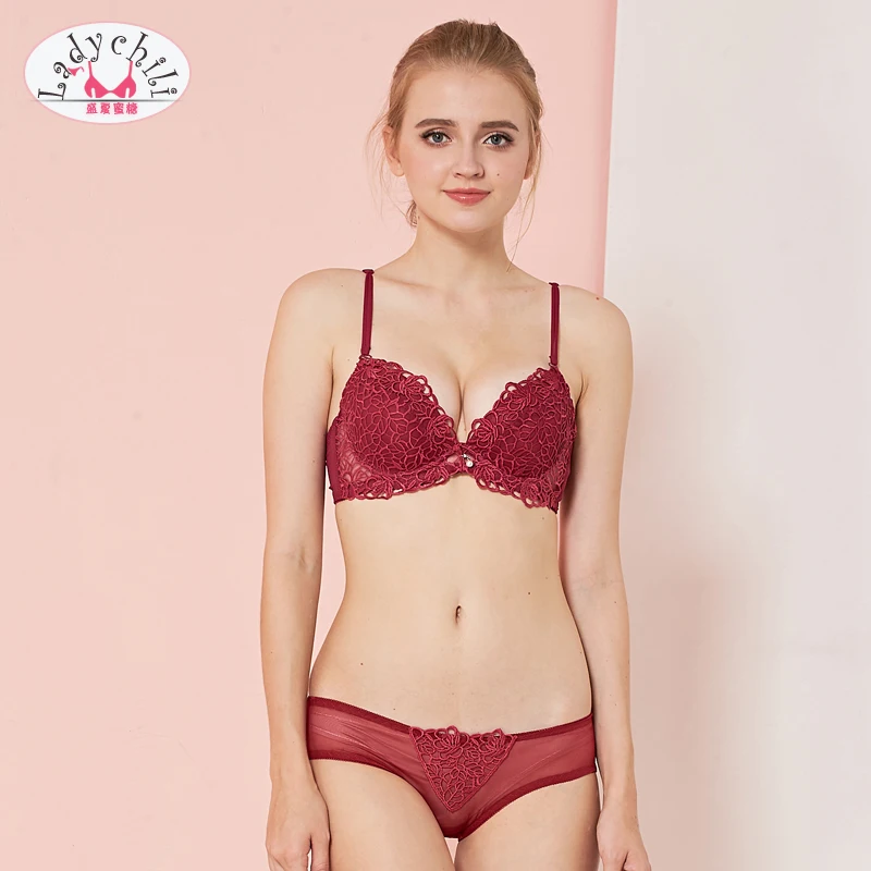 

Ladychili Intimates Sweet Lolita Girl Lace Embroidery Thick Bra and Panties Set Red Thick Deep V Bra and Transparent Brief N339