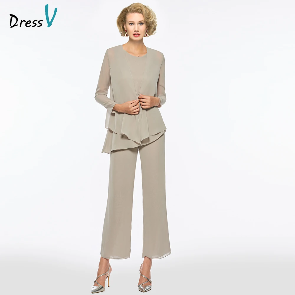 

Dressv grey scoop neck sheath long sleeves mother of bride dress with jacket pants zipper up long mother evening gown custom