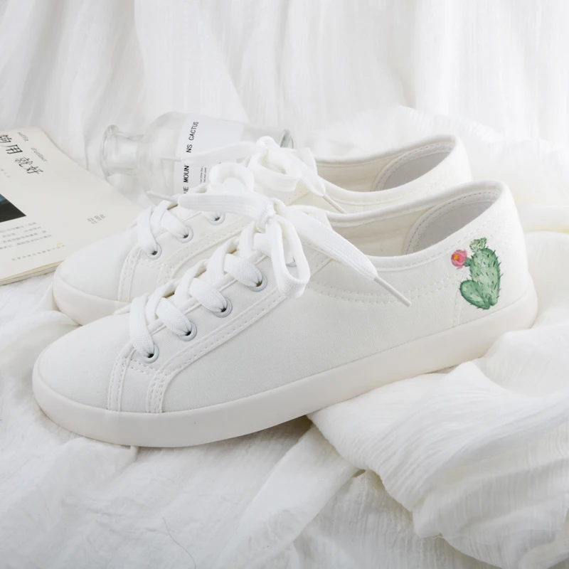 

Solid White Canvas Shoes Cute Cactus Hand Painted Spring Summer Shoes 2019 Fashion Women's Sneakers Flats Casual Loafers Walking