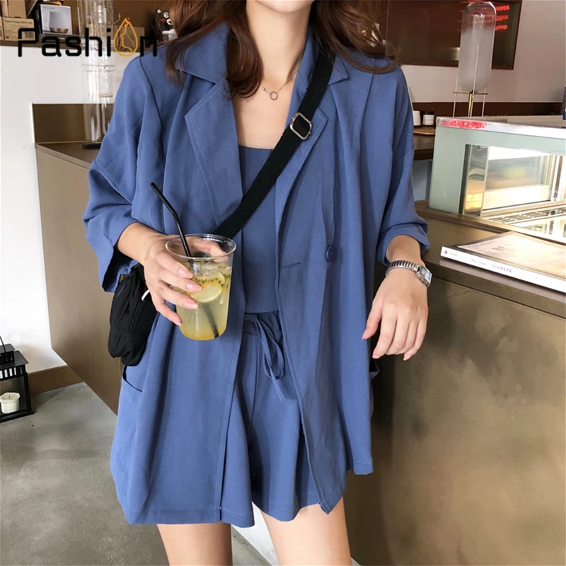 Женский комплект из 3 предметов однотонный Блейзер топ на бретелях и широкие