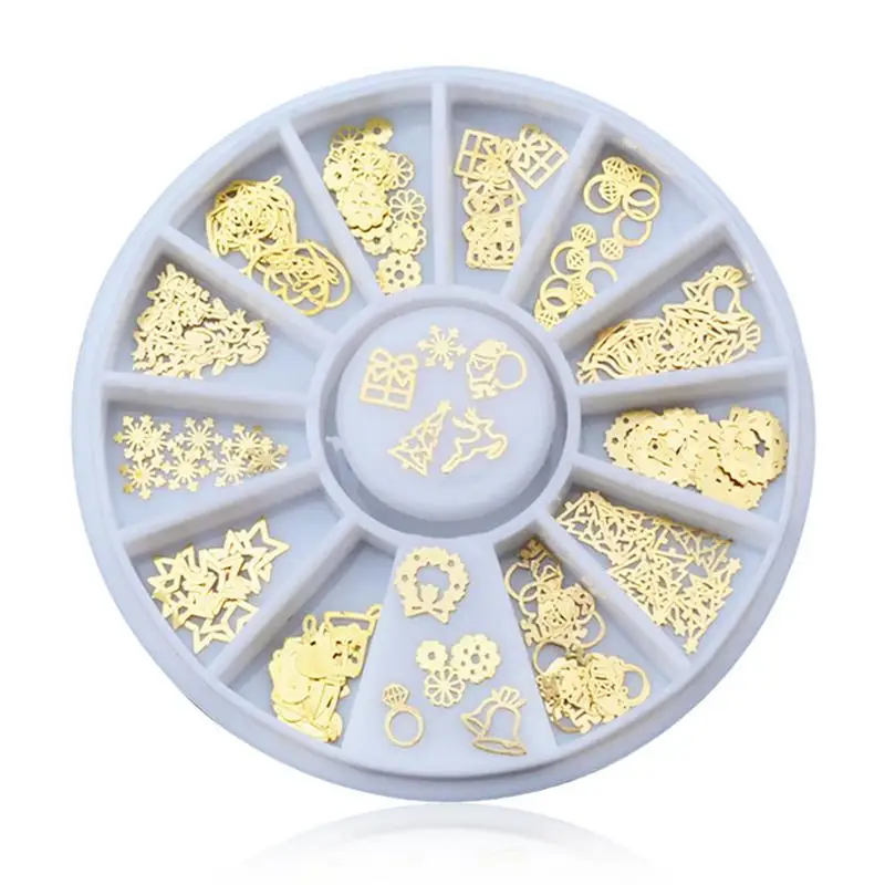 

1 Wheel 12 Style 3D Nail Art Decorations Gold Metal Alloy Sticker Mixed Designs DIY Irregular Shape Manicure Accessories
