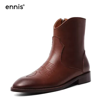 

ENNIS 2019 Designer Low Heel Boots Female Genuine Leather Ankle Boots Autumn Winter Zipper Retro Women Shoes Black Brown A961