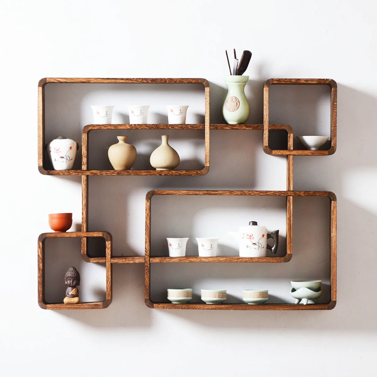 

Wood Wooden Wall Mounted Vintage Retro Rack Hooks Floating Storage Shelf Display Rack Home Decor