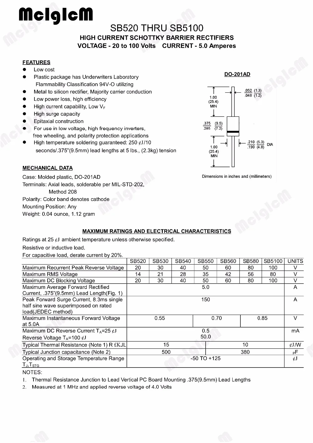 DO-201 SB5100 Pack of 5 SCHOTTKY ON Semiconductor DIODE 100V 5A