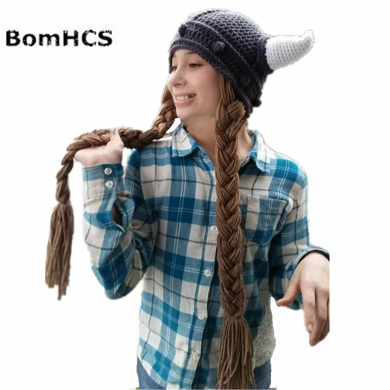 

BomHCS Funny Ox Horns Beanie with Big Braid Handmade Knitted Wigs Hat Winter Thick Cap Gift