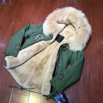 

2016 Elegant women winter clothing hot sale beading design beige fur inside jacket raccoon fur collar short parka