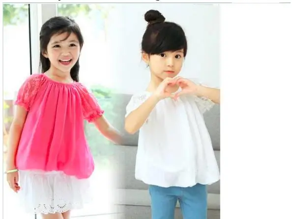 

Free shipping New Korean style sweet candy color short-sleeved lace stitching summer blouses for girls