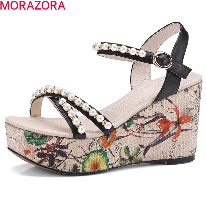

MORAZORA 2018 hot sale women sandals sweet pearl summer shoes simple buckle platform shoes party wedding wedges high heels shoes