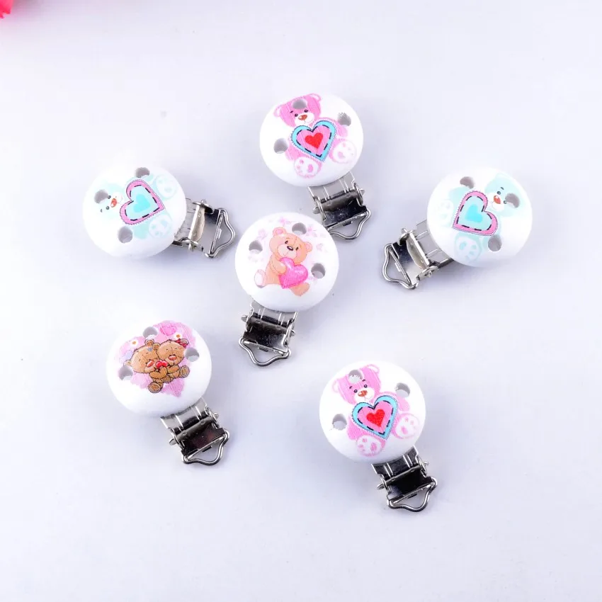 

5PCs Baby Pacifier Clips Mixed Pattern Animal White Wood Metal Holders Cute Infant Soother Clasps Funny Accessories 4.4x2.9cm