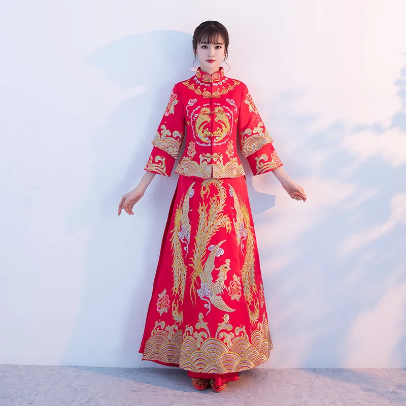 Невесты традиционные Для женщин китайские свадебные Qipao свободные Cheongsam красный восточные платья вышивка дракон костюм Феникса