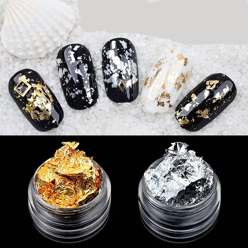 Gold Silver Nail Art Glitter Foil Paillette Chip Flake Tips Polish Gel UV Design Transfer Sticker Decal Manicure Tool Set