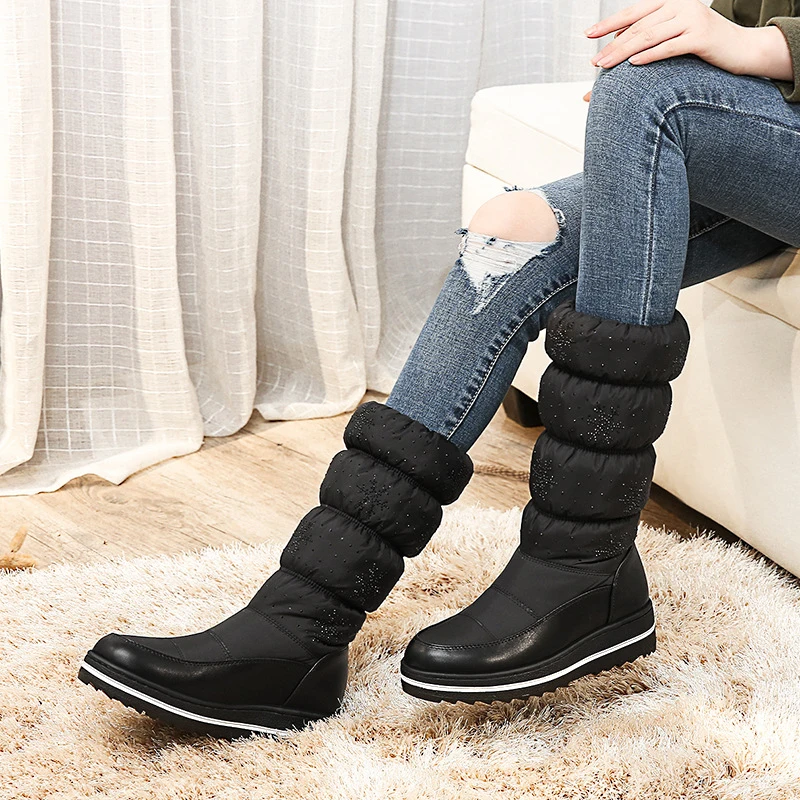 New leather down women snow boots plus size black warm fur mid calf