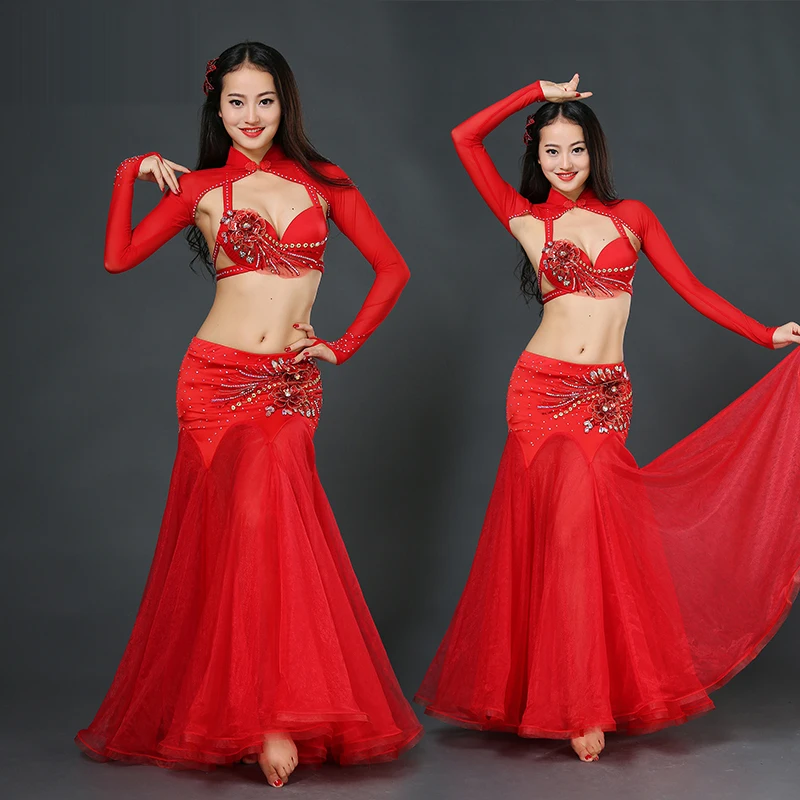 

Women luxury performance belly dance set long sleeves bra and skirt 3pcs belly dance suit ballroom dance clothing mesh costumes