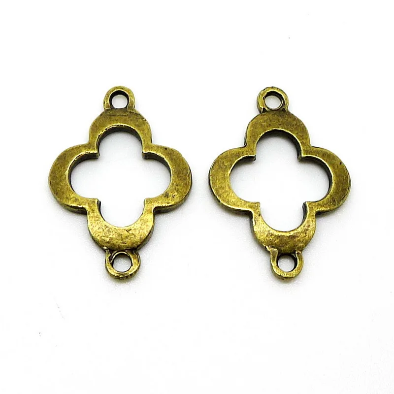 Free shipping 10Pcs Size 15*21mm Antique Bronze Planted Filigree 2 Holes Connection Clover