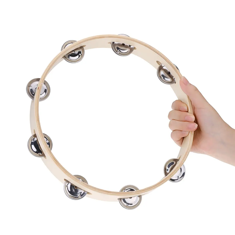 

10" Hand Held Wood Headless Tambourine Bell with Metal Single Row Jingles Educational Musical Percussion Toy for Party Games