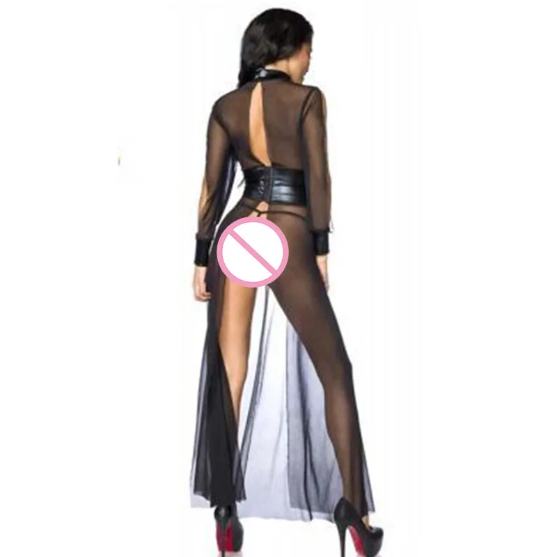 Erotic Underwear Sexy Black Sheer Mesh High Slit Long Nightgown Lingerie for Women Wet Look Tunic Leather Transparent Nightdress (2)