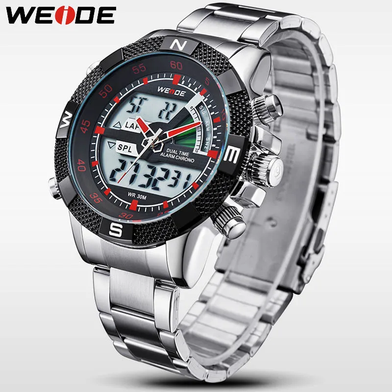 Silvery Red WEIDE Лидирующий бренд мужские модные спортивные часы мужские полностью Стальные кварцевые аналоговые светодиодный часы мужские военные наручные часы Relogio Masculino - Цвет: Silvery Red