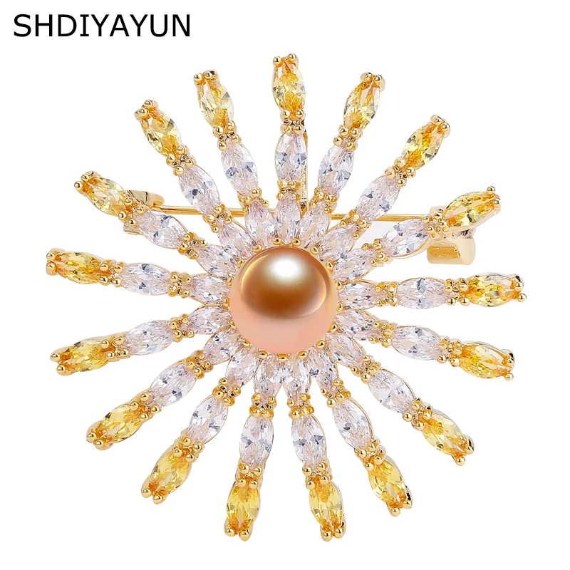 

SHDIYAYUN 2019 Pearl Brooch For Women Guality Gold Round Brooches Pins Natural Freshwater Pearl Fine Jewelry Accessories Gift