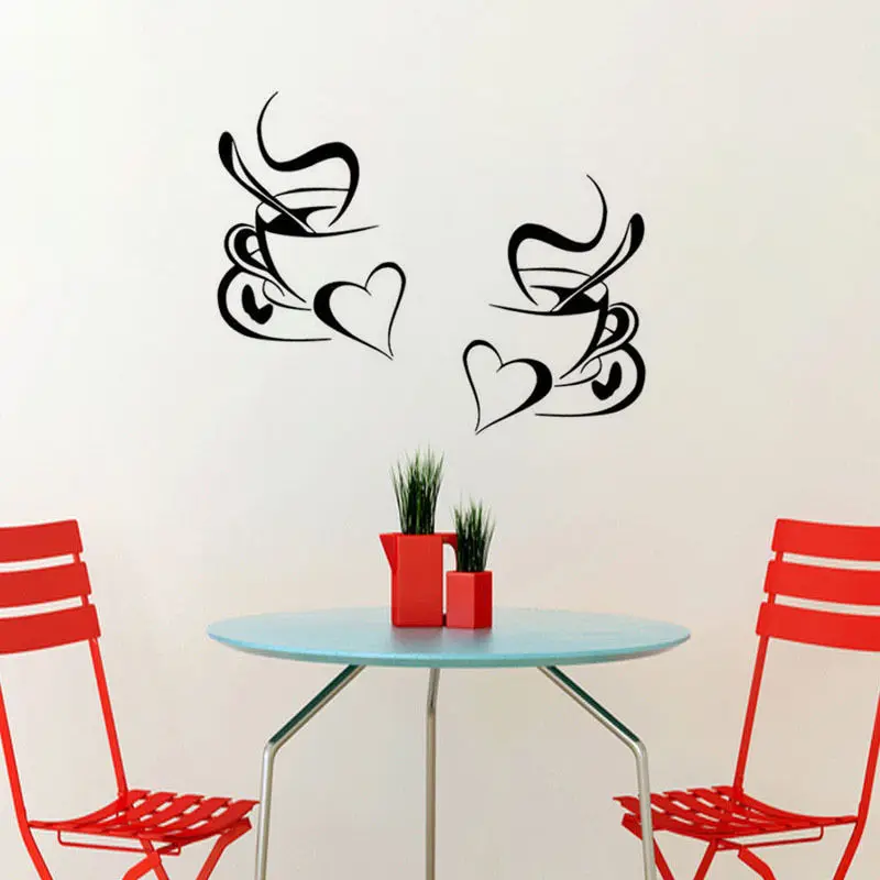 kitchen wall sticker coffee 2pcs coffee cup with heart kitchen vinyl wall art decor decal stickers 30x20cm Mural D724