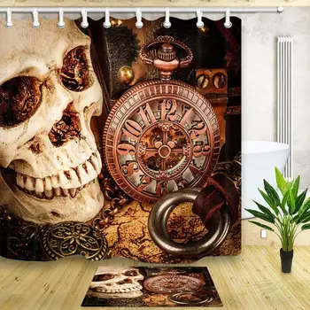 

The Spooky Skull with A Mechanical Clock Mildew Resistant Shower Curtain Suit With Flannel Non-Slip Floor Doormat Bath Rugs