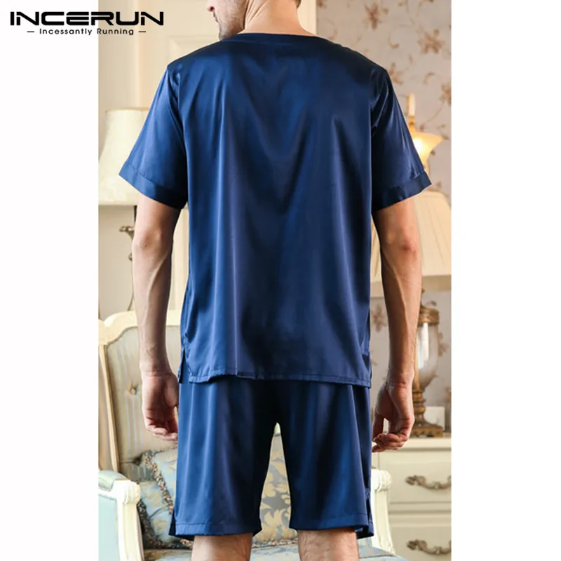 INCERUN шелковый атлас Для мужчин пижамный комплект летние топы с короткими рукавами костюм для сна Мягкие Шорты домашняя пижама комплект