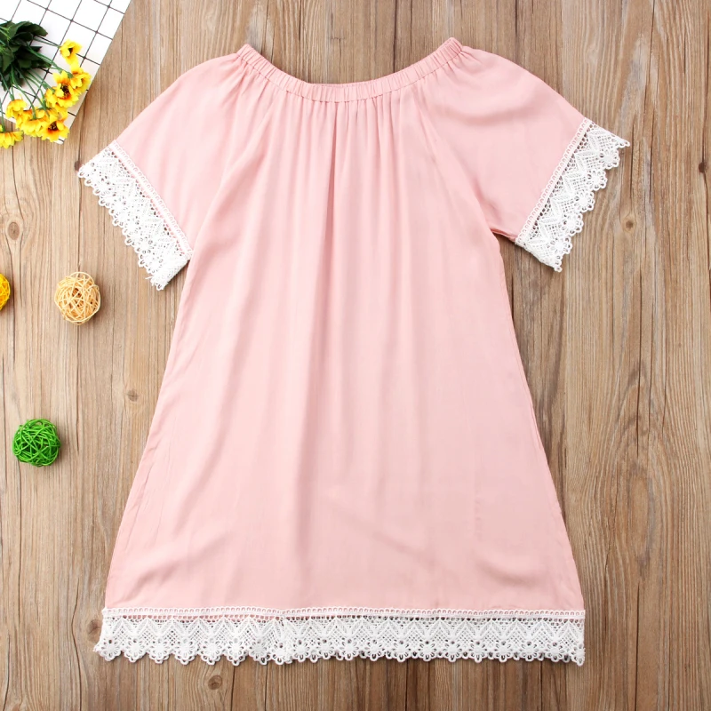 Для мамы и дочки Для женщин для девочек летние шорты рукавом Кружева Розовое платье семейная одежда платья