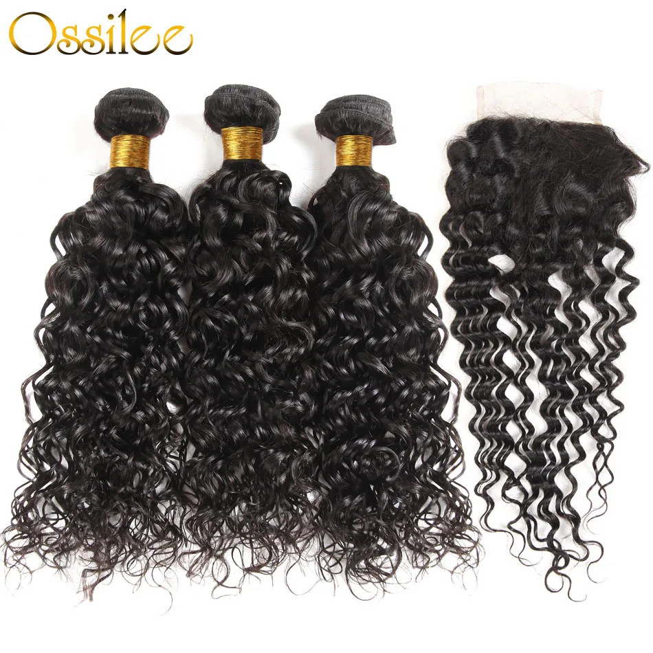 Ossilee Hair Water Wave Bundles Brazilian Hair Weave 3 Bundles With Closure 4 Pcs/Lot More Wave Remy Human Hair & Lace Closure
