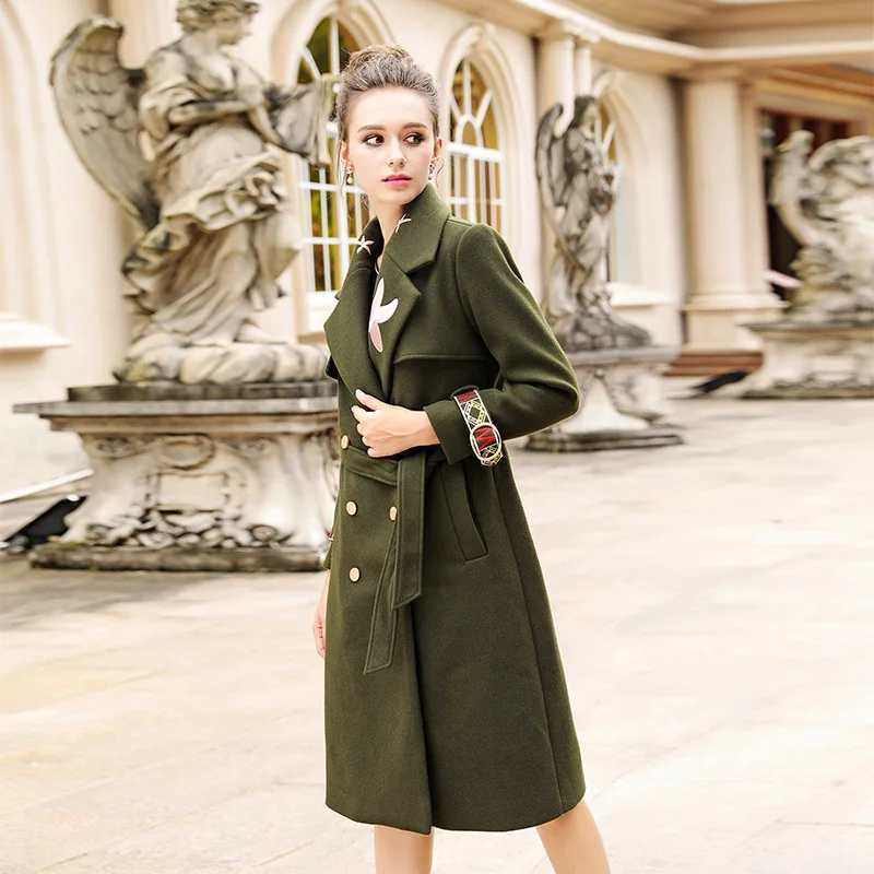 AOFULI L-3XL 4XL 5XL Плюс Размер Женское зимнее пальто модное длинное пальто с двойной вышивкой темно-зеленого цвета