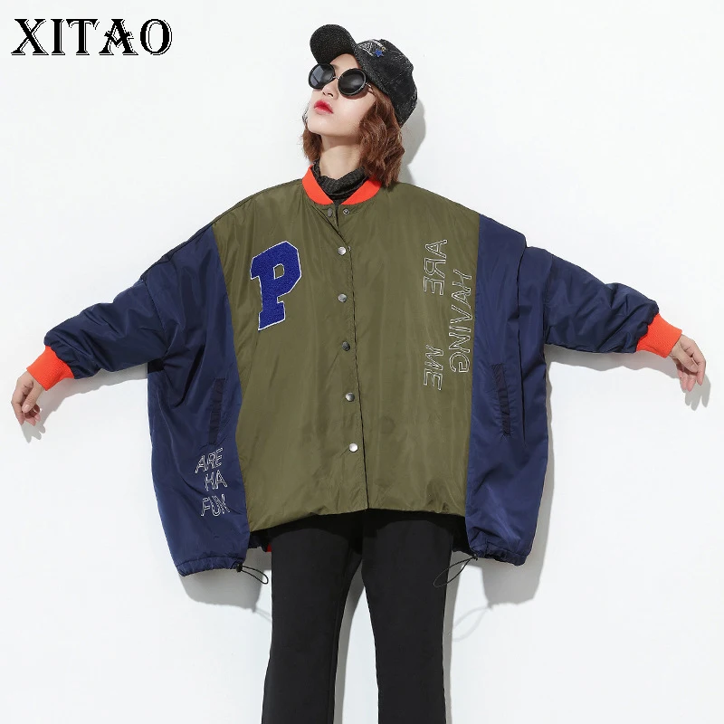 

[XITAO] Europe Autumn 2019 New Women Full Sleeve Stand Collar Loose Parkas Female Letter Print Patchwork Irregular Coats XWW081