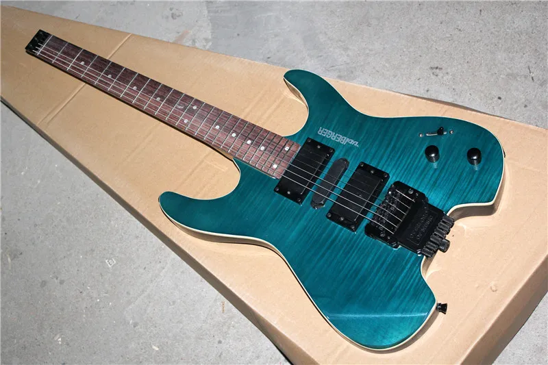 Factory Custom 24 frets no headstock dark green body Electric Guitar with black hardware,floyd