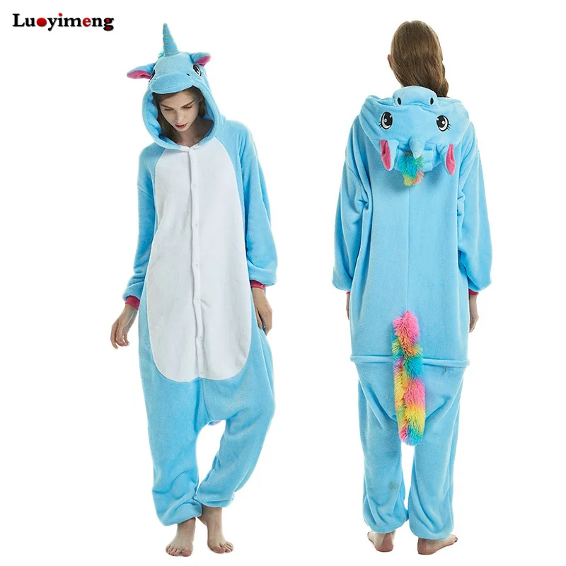 Зимние женские пижамы в виде животных, Ститч, единорог, одежда для сна, Onesie, единорог, пижама, наборы, кугуруми, для мужчин, взрослых, фланелевая ночная рубашка с пандой - Цвет: new blue tenma