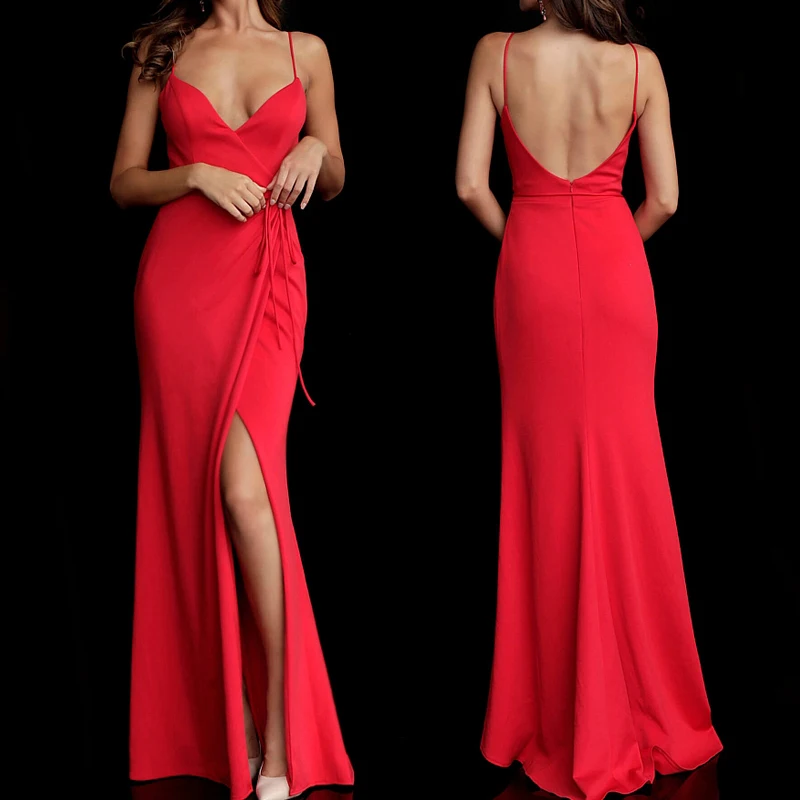 

Sleeveless Spaghetti Straps Open Back Maxi Dress V Neck Floor Length Stretchy Padded Waist Tie Summer Evening Party Dresses Gown