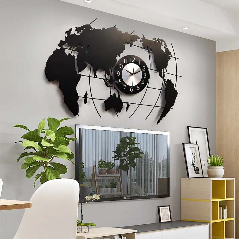 

Large World Map Wall Clock Modern Design Living Room Decoration 3D Stickers Metal Hanging Clocks Wall Watch Home Decor 80.5x52cm