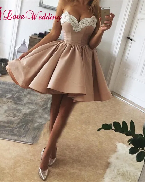 

New Fashion 2018 Sweetheart Lace Applique Beaded Satin A Line Short Cheap Party Prom Dresses
