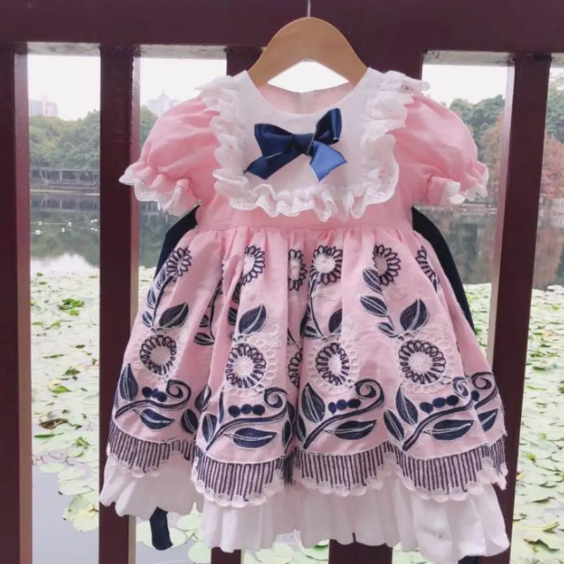 

1-6T Summer Retro Spanish Style Dress Embroidered Bow Lace Print Dress For Cute Girl Cotton Princess Party Dress Vestidos Y1151