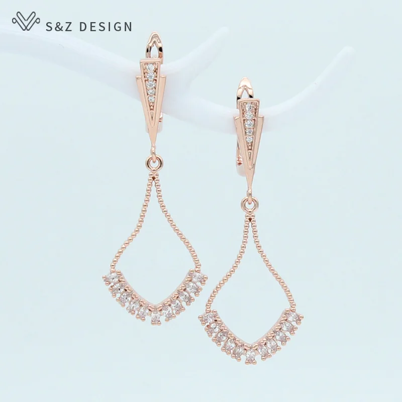 

S&Z 585 Rose Gold Cubic Zirconia Water Drop Dangle Earrings 2019 New Fashion Eardrop For Women Fine Texture Jewelry Party Gift