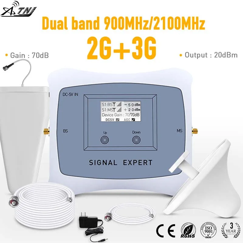 جديد وصول! 2g 3g إشارة المحمول معززة المزدوج الفرقة 900/2100 mhz الخلوية إشارة هاتف محمول مكرر مكبر للصوت مع شاشة الكريستال السائل كيت