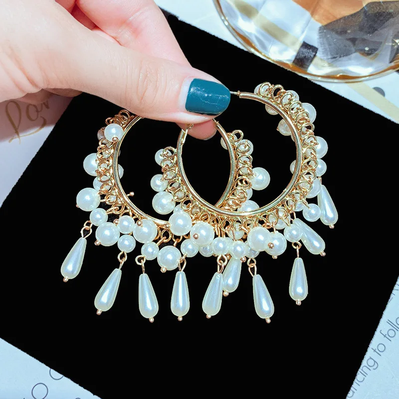 Новейшие Модные женские золотые большие жемчужные серьги-кольца с подвеской, женские большие круглые серьги для женщин, ювелирные изделия для свадебной вечеринки, подарки