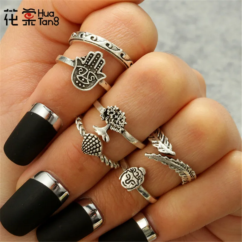 

HuaTang Antique Silver Buddha Leaves Hand Punk Rings Set for Women Carved Knuckle Rings Jewelry Anillos 6pcs/set 4885