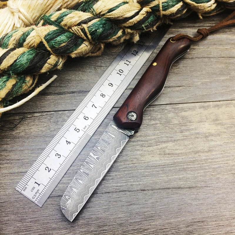 

Newest Mini Tactical Damascus Folding Knives,Hunting Knife Yellow Sandalwood Handle Outdoor Pocket Knife,Survival Camping Tools